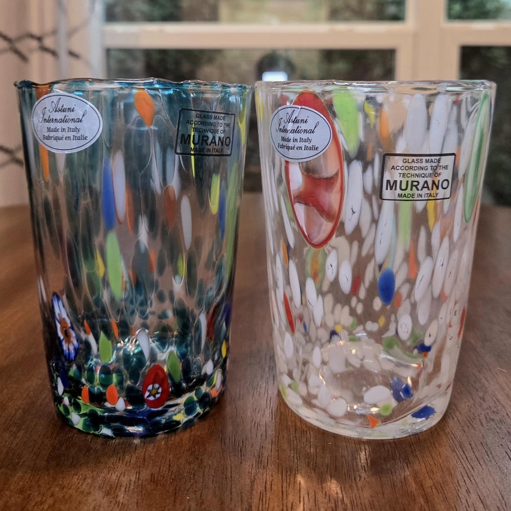 New Pair Of Murano Glass Italian Handmade Confetti Tumblers W/ Original Stickers